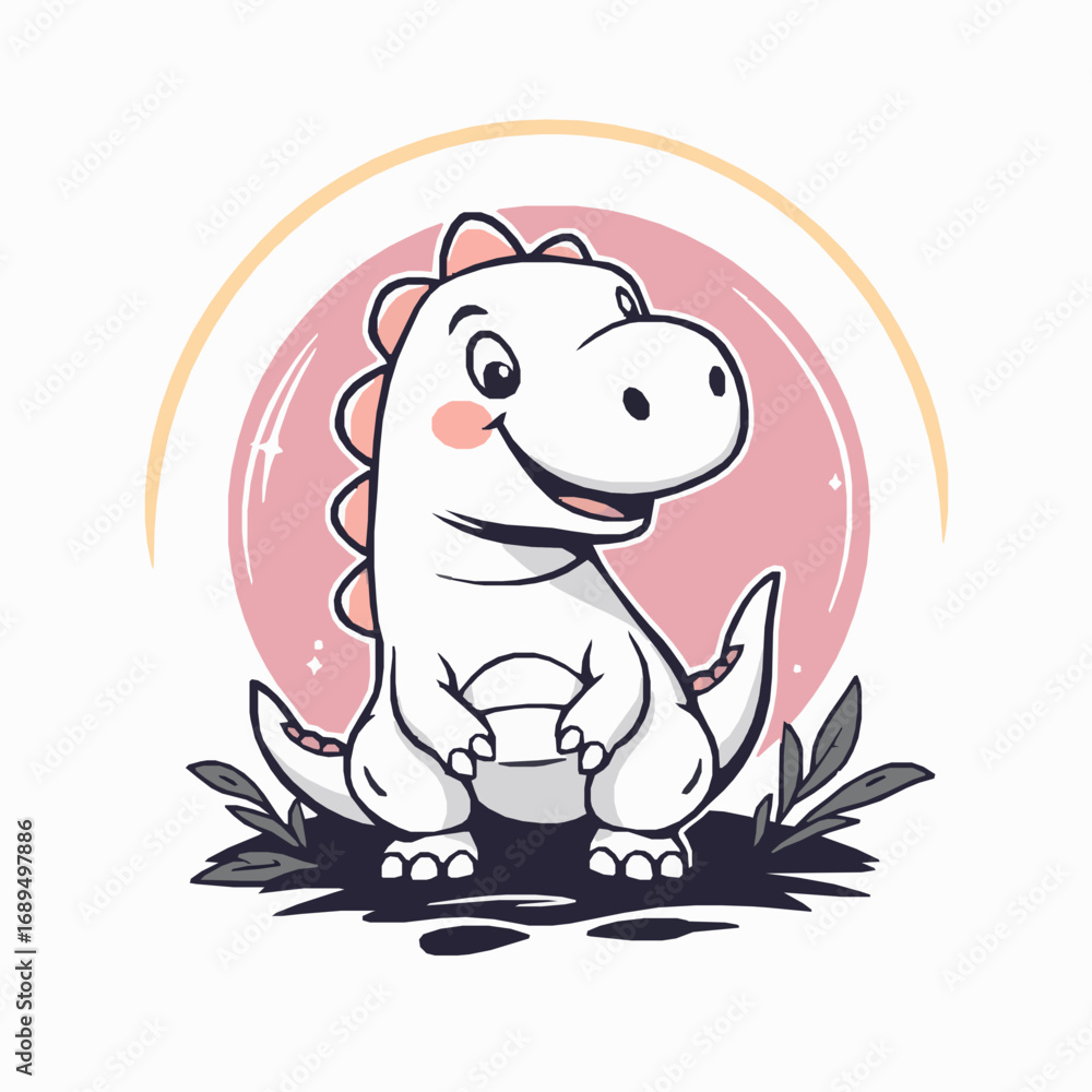 Fototapeta premium Adorable Cartoon White Dinosaur Sitting Amongst Leaves with Pink Arch on White Background Keywords: dinosaur, cartoon, cute, white, baby, prehistoric, reptile, animal, character