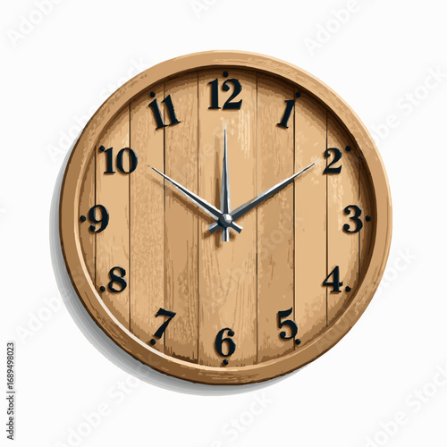 Rustic Wooden Wall Clock with Black Numbers and Hands on White Background Keywords: clock, wall clock, wooden clock, rustic, vintage, time, timepiece, analog clock, round clock