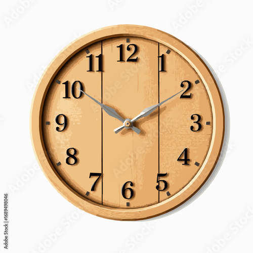 Light Brown Wooden Wall Clock with Black Numbers and Silver Hands on White Background Keywords: clock, wall clock, wooden clock, light brown, time, timepiece, analog clock, round