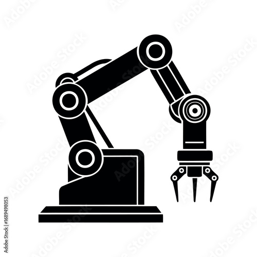 Stylized industrial robotic arm with three pronged gripper for factory automation