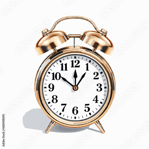Classic Gold Twin Bell Alarm Clock with Black Numbers and Hands on White Background Keywords: alarm clock, table clock, gold, metallic, twin bell, vintage, retro, timepiece