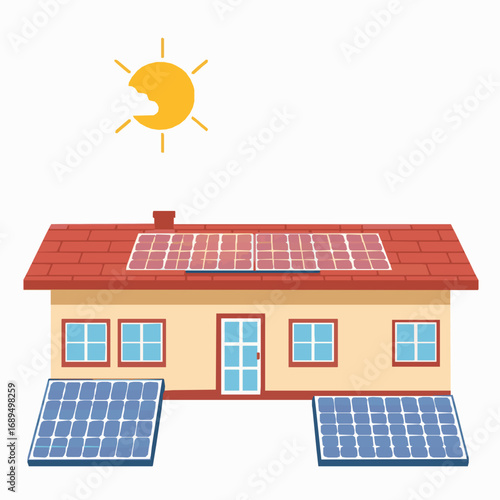 Cartoon house with solar panels on roof and ground with sun shining brightly solar energy renewable energy