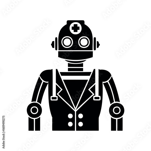 Monochrome medical robot icon resembling a doctor with a health symbol