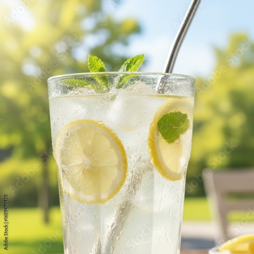 Close-up of glass of iced lemonade with condensation on surface, blurred summer background