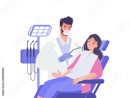 Dentist examining female patient teeth. Dentistry visual concept vector flat cartoon illustration.