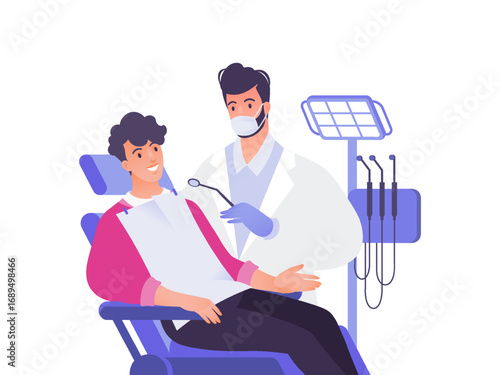 Dentist examining male patient teeth. Dentistry visual concept vector flat cartoon illustration.