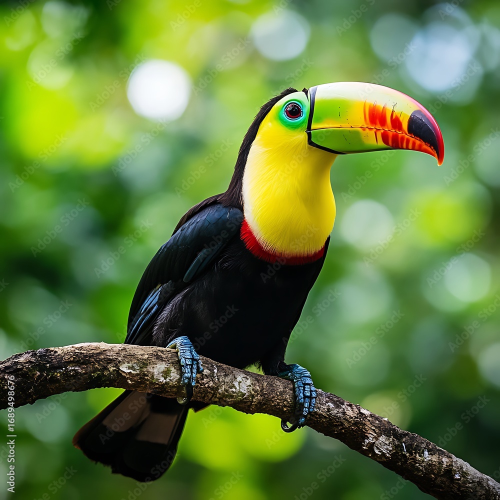 Naklejka premium Keel billed toucan perched on a mossy branch in lush green forest bird wildlife photo