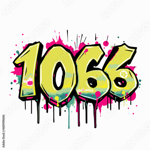 Graffiti numbers 1066 in bright yellow and pink with colorful paint splatters and drips on white background