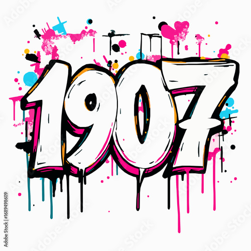 Graffiti style number 1907 with pink and blue accents and ink splatters year