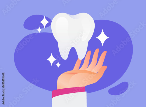 Dentist hand holding healthy tooth vector cartoon illustration on purple background