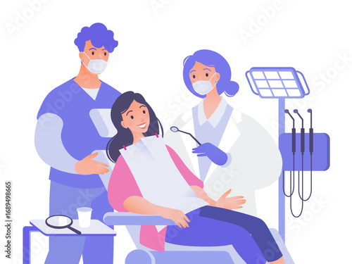 Dentist examining female patient teeth with nurse assistance. Dentistry visual concept vector flat cartoon illustration.