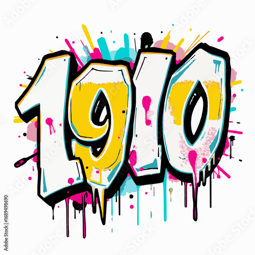 Graffiti numbers 1910 with yellow and pink colors paint splatters and drips on white background digits