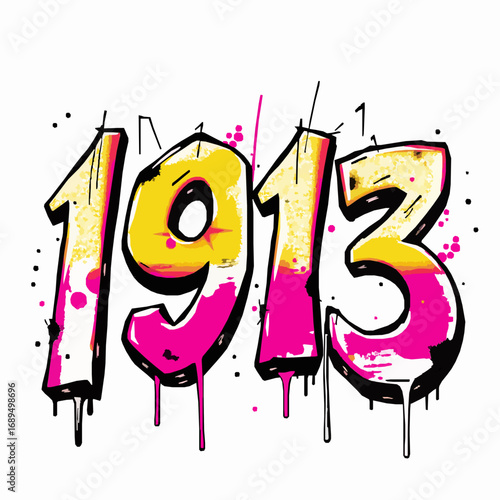Graffiti numbers 1913 with pink and yellow colors and dripping paint effect on white background digits