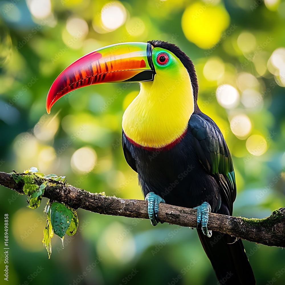 Fototapeta premium Keel Billed Toucan With Bright Yellow Neck Perched On Mossy Branch bird wildlife photo
