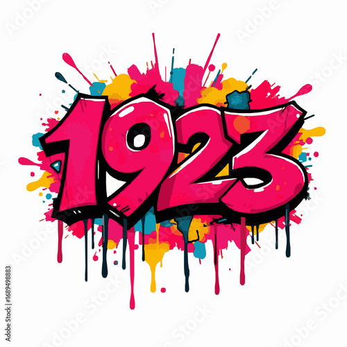 Graffiti style number 1923 with pink and yellow paint splatters and drips on white background numbers