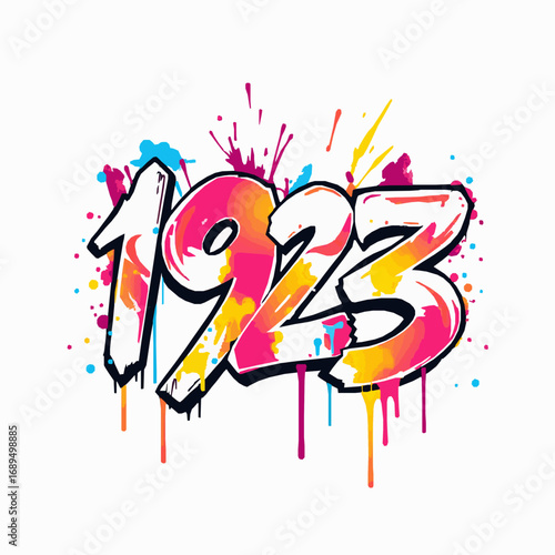Graffiti style number 1923 with pink yellow and white paint splatters and drips on white background numbers