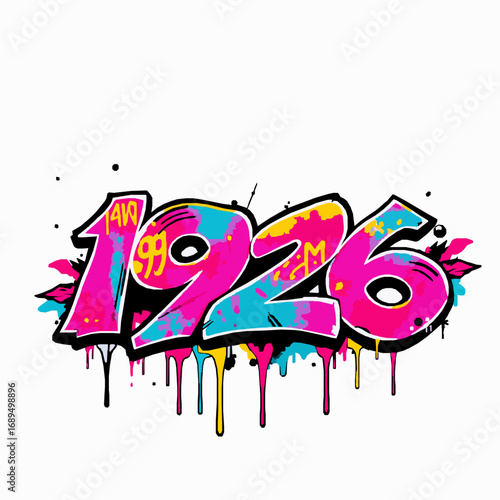 Graffiti style number 1926 with pink blue and yellow paint splatters and drips on white background numbers