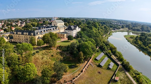 Aerial view of scenic Holy trinity Cathedral on the hill over the Bug River in Drohiczyn