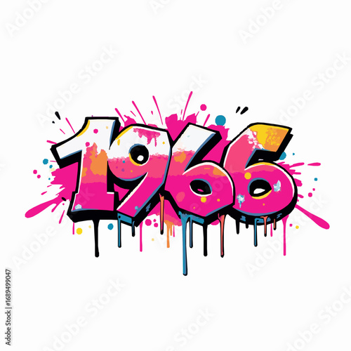 Graffiti style numbers 1966 in vibrant pink with orange and yellow accents and paint splatters year date