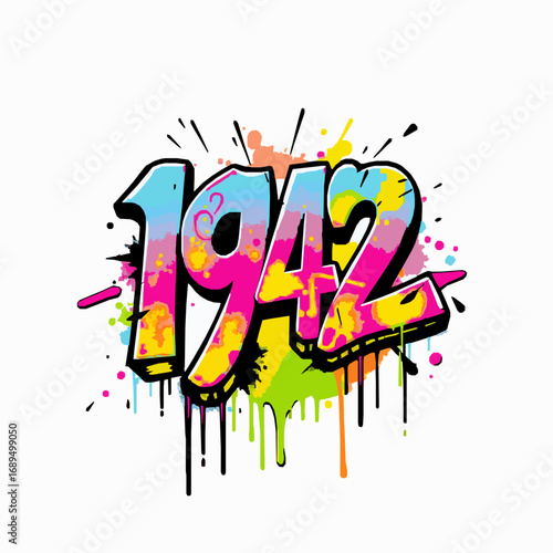 Graffiti numbers 1942 in blue, pink, and yellow with vibrant paint splatters and drips on white year