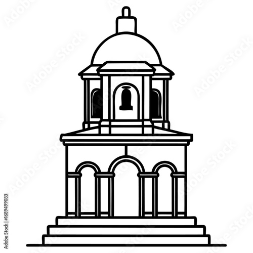 Minimalist black and white line art illustration of a classical dome building
