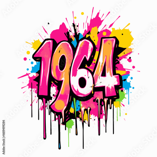1964 graffiti art with dripping paint and colorful splashes Keywords: 1964, graffiti, art, dripping, paint, splashes, colorful, vibrant, pink, yellow, blue, black, white, grunge