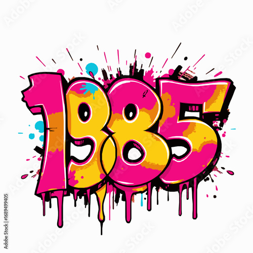 Graffiti numbers 1985 in pink and orange with paint splatters and drips on white background digits typography