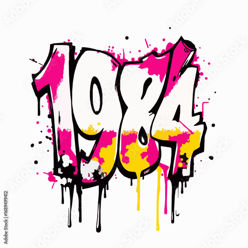 Graffiti style numbers 1984 with colorful paint splatters and drips on white background urban