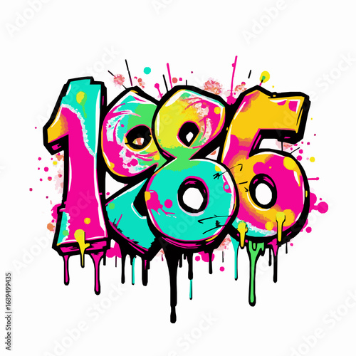 Bright 1986 graffiti numbers with vibrant paint splatters and drips on white background year