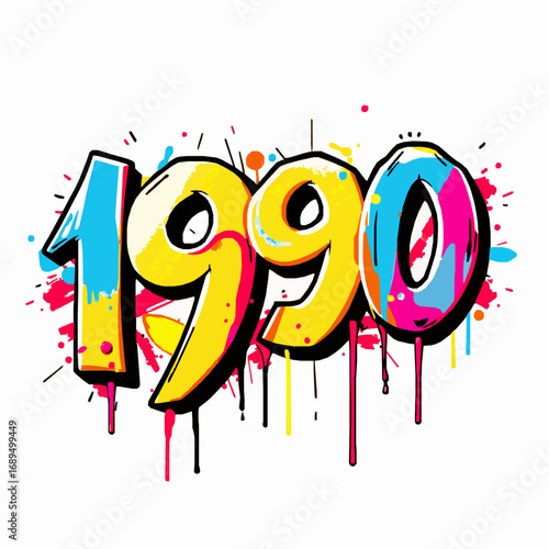 Blue and yellow 1990 graffiti numbers with vibrant paint splatters and drips on white background year