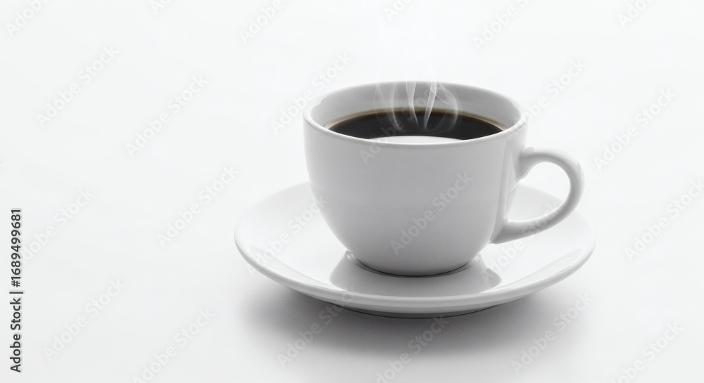 Obraz premium Steaming cup of coffee on clean, minimalist white background