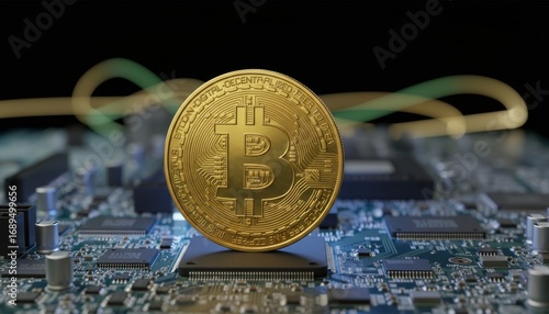 Close-up of physical golden Bitcoin coin standing on computer motherboard, glowing blue circuit background