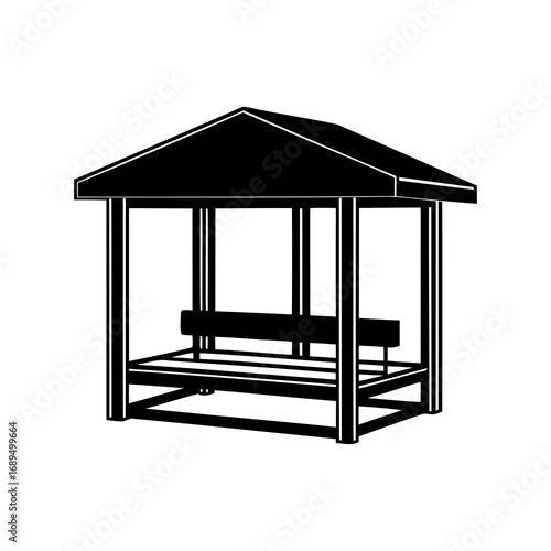 Monochrome illustration of a gazebo with a bench, providing shelter and rest
