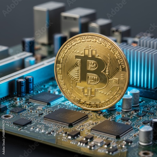 Close-up of physical golden Bitcoin coin standing on computer motherboard, glowing blue circuit background