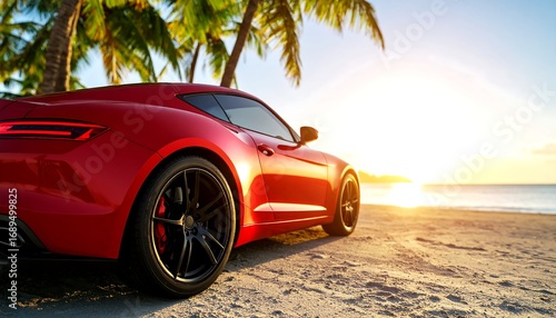 Red sports car on a tropical beach at sunset (1)