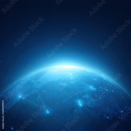A global network map of the Earth, showcasing connections and global interconnectivity, in a vibrant blue and dark background.