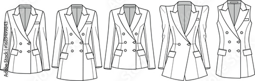 Women’s blazer coat flat sketch, double breasted jacket front view, CAD vector illustration for fashion design, technical template drawing