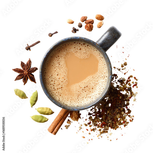 Aromatic spiced tea in a mug, surrounded by various spices (1)