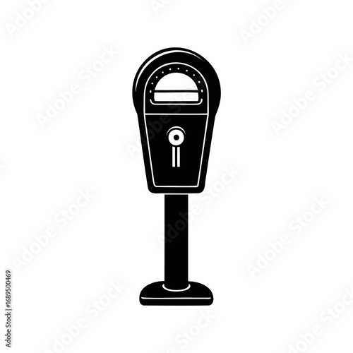 Monochrome parking meter stands alone against white backdrop as street furniture