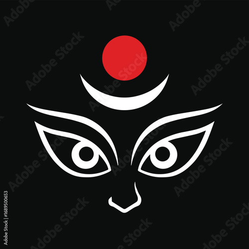 Vector illustration of goddess Durga eyes with crescent moon and red circle symbol on black background for Durga Puja design