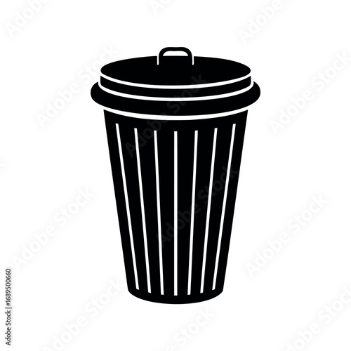 Isolated monochrome illustration of a closed black trash can on white background