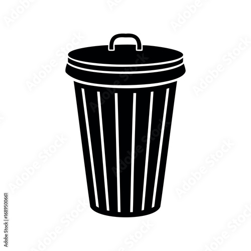 Simple black and white illustration of a trash can with a lid