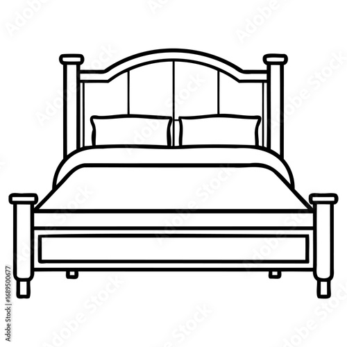 Minimalist black and white line drawing of a classic wooden bed frame