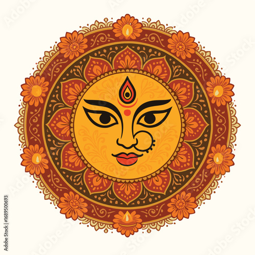 Vector illustration of goddess Durga face with decorative mandala and floral ornament design for Durga Puja festival celebration