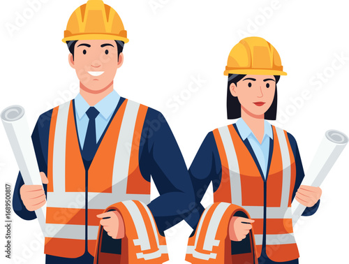 Two construction workers, a man and a woman, wearing hard hats and safety vests, hold blueprints and extra vests, smiling.