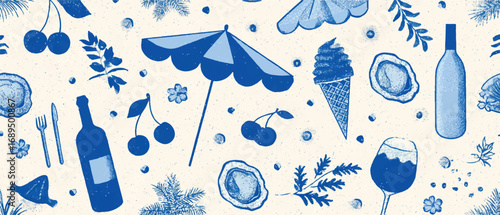 Summer vacation inspired seamless pattern background featuring beach essentials such as ice cream coconuts wine and cherries in shades of blue