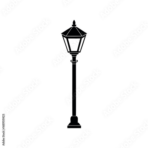 Elegant black silhouette of a vintage street lamp on a white background