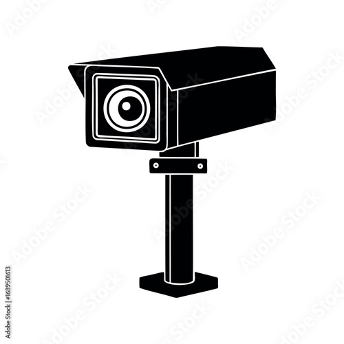 Monochrome image of a security surveillance camera mounted on a sturdy pole