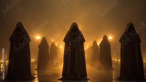 A Group of Monks in Dark Robes Standing in a Surreal, Misty Hallway Illuminated by Golden Light