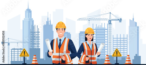 Two construction workers, male and female, holding blueprints in front of a cityscape with cranes and warning signs.